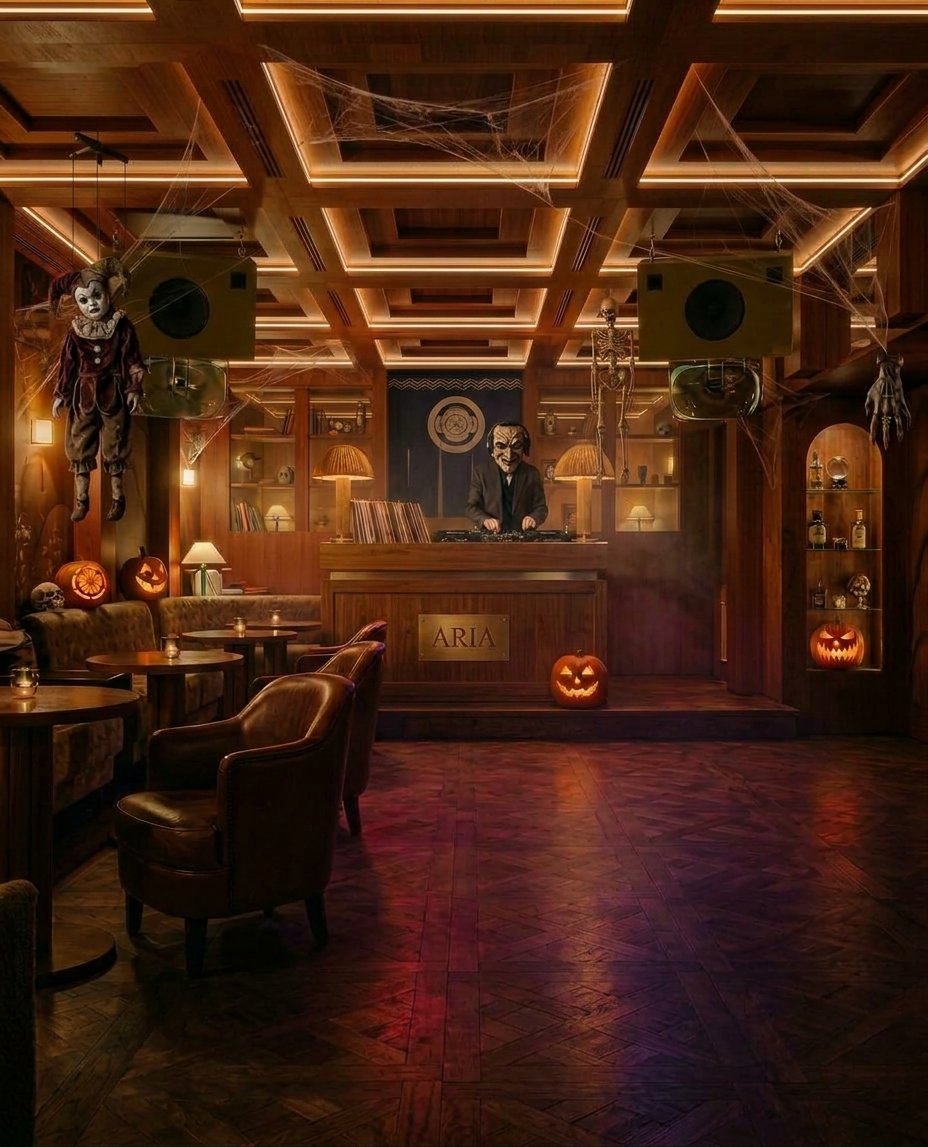 AI-generated concept of the party room decorated for Halloween